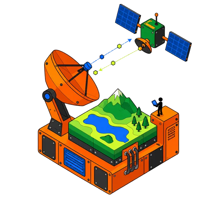 Atelier isométrique géospatial : satellite, antenne et territoire